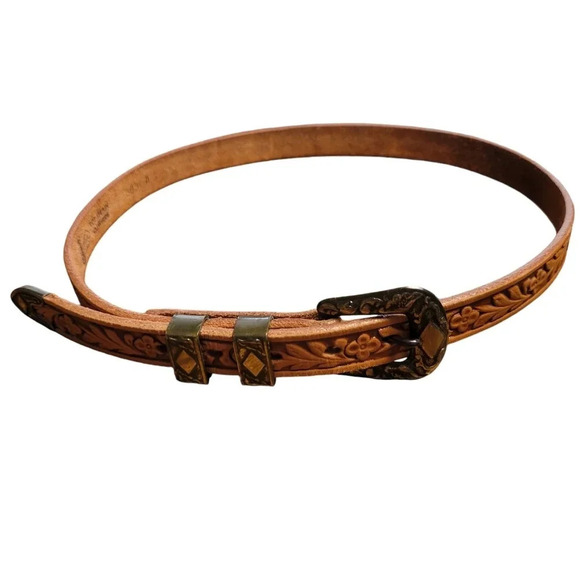 Justin Size 26 Brown Tooled Floral Top Grain Cowhide Leather Western Belt - Picture 2 of 7